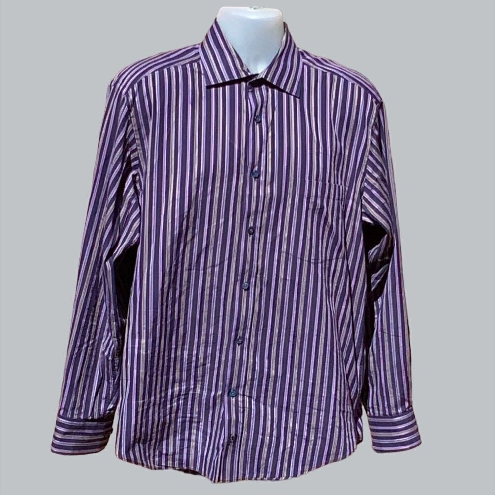 BUGATCHI UOMO MENS LUXURY DESIGNER LONG SLEEVE NAVY STRIPED COTTON SHIRT LARGE